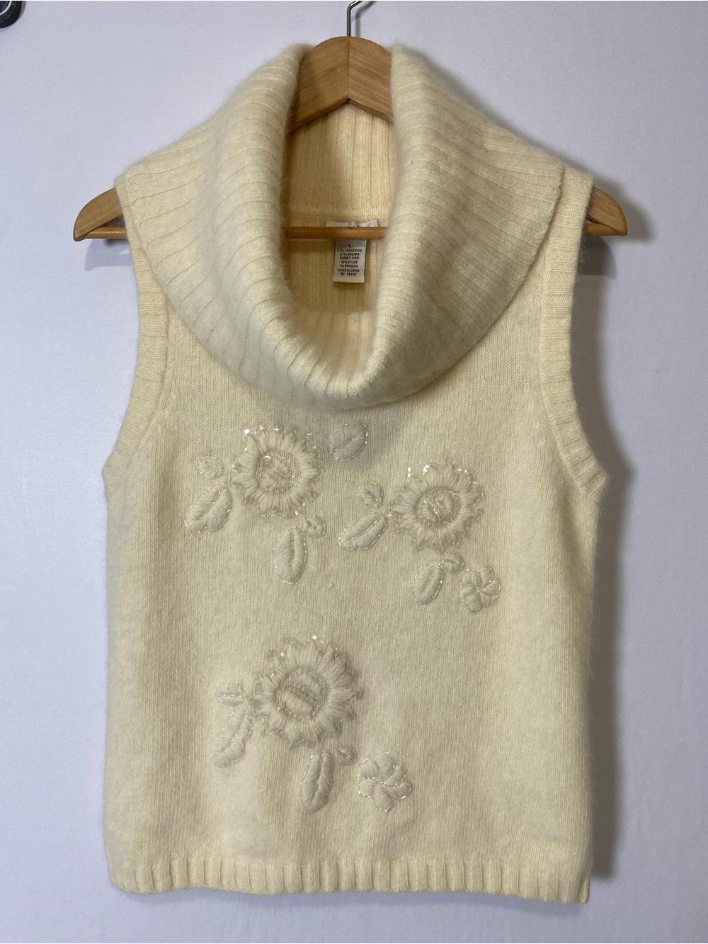Cache Cream/Ivory Cowl Neck Sweater Sequins Lambswool Rabbit Hair Vtg Large